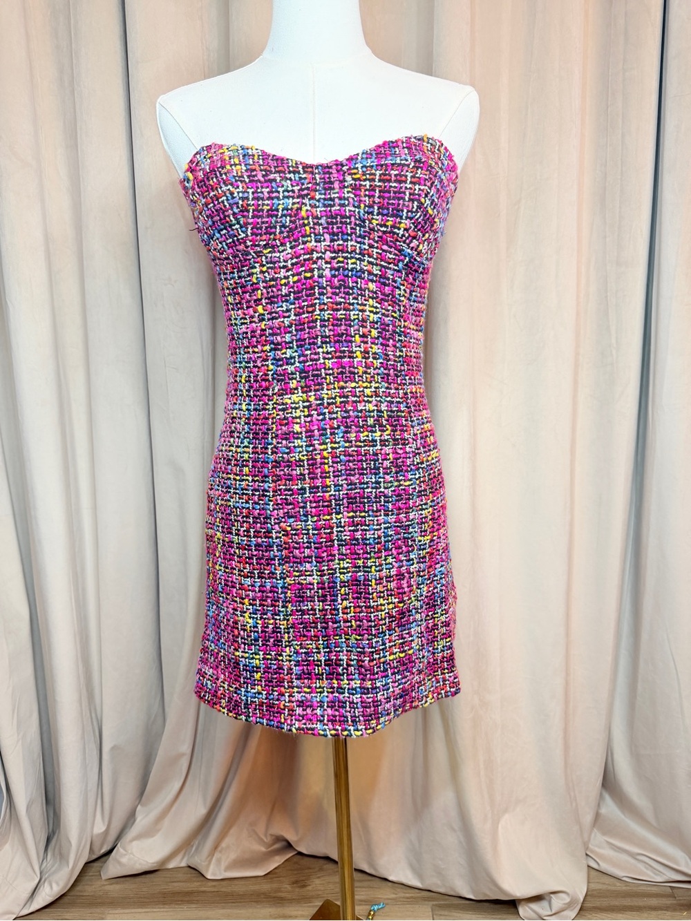 American Threads Strapless Pink Multicolor Tweed Shift Dress